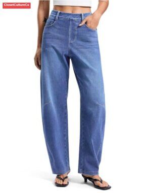 Women's Stretch Denim Barrel Leg Jeans High Rise Pull On Baggy Pants